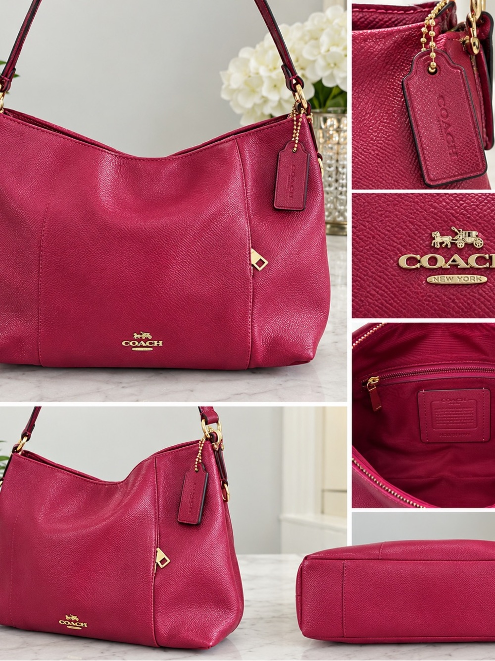 Authentic Coach Isabelle HoboPebbled Leather Tote Bag in Bright Pink